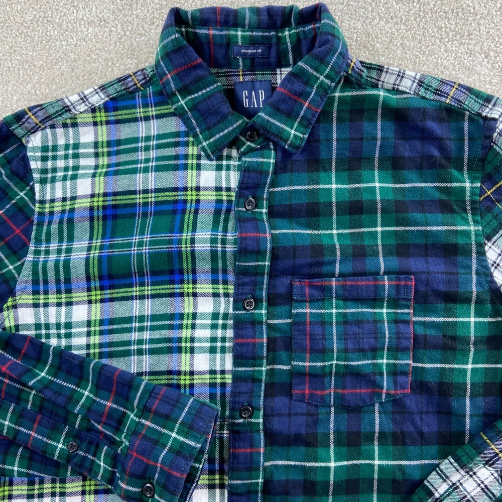 Gap Flannel Shirt Mens Medium Green Blue Mixed Plaid Patchwork Organic Cotton